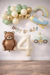 Retro 4 Yaş Doğum Günü Seti; Uçak, Araba, Gökkuşağı, Ayıcık ve 20 Adet Lateks Balon Set