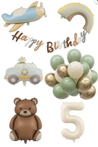 Retro 5 Yaş Doğum Günü Seti; Uçak, Araba, Gökkuşağı, Ayıcık ve 20 Adet Lateks Balon Set