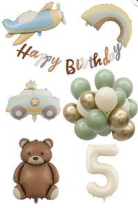 Retro 5 Yaş Doğum Günü Seti; Uçak, Araba, Gökkuşağı, Ayıcık ve 20 Adet Lateks Balon Set