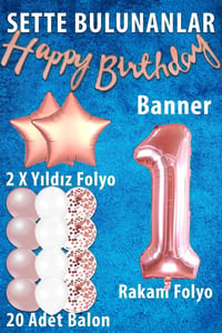 Rose Gold Konsept 1 Yaş Doğum Günü Kutlama Seti; Beyaz Gold Konfetili Balon, Rakam Yıldız Folyo ve Banner