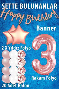 Rose Gold Konsept 3 Yaş Doğum Günü Kutlama Seti; Beyaz Gold Konfetili Balon, Rakam Yıldız Folyo ve Banner