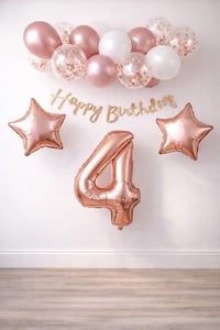 Rose Gold Konsept 4 Yaş Doğum Günü Kutlama Seti; Beyaz Gold Konfetili Balon, Rakam Yıldız Folyo ve Banner