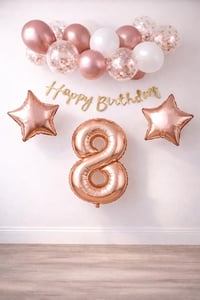Rose Gold Konsept 8 Yaş Doğum Günü Kutlama Seti; Beyaz Gold Konfetili Balon, Rakam Yıldız Folyo ve Banner