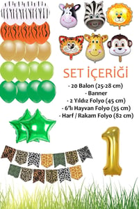 Safari Konsepti 1 Yaş Doğum Günü Parti Kutlama Seti; Rakam ve Yıldız Folyo, Banner ve Balon Zinciri