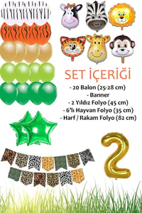 Safari Konsepti 2 Yaş Doğum Günü Parti Kutlama Seti; Rakam ve Yıldız Folyo, Banner ve Balon Zinciri