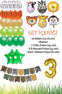 Safari Konsepti 3 Yaş Doğum Günü Parti Kutlama Seti; Rakam ve Yıldız Folyo, Banner ve Balon Zinciri