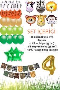 Safari Konsepti 4 Yaş Doğum Günü Parti Kutlama Seti; Rakam ve Yıldız Folyo, Banner ve Balon Zinciri