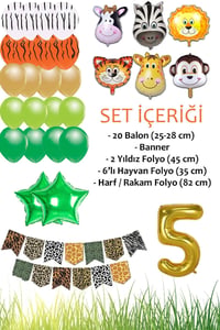 Safari Konsepti 5 Yaş Doğum Günü Parti Kutlama Seti; Rakam ve Yıldız Folyo, Banner ve Balon Zinciri
