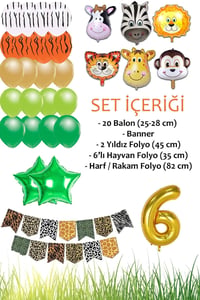 Safari Konsepti 6 Yaş Doğum Günü Parti Kutlama Seti; Rakam ve Yıldız Folyo, Banner ve Balon Zinciri