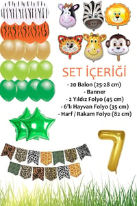 Safari Konsepti 7 Yaş Doğum Günü Parti Kutlama Seti; Rakam ve Yıldız Folyo, Banner ve Balon Zinciri