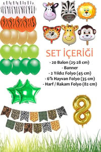 Safari Konsepti 8 Yaş Doğum Günü Parti Kutlama Seti; Rakam ve Yıldız Folyo, Banner ve Balon Zinciri