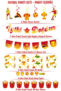Sarı Kırmızı Futbol Temalı Doğum Günü Parti Seti– İyi Ki Doğdun Banner, Tavan Sarkıt, Gözlük, Pasta Süsü ve Mısır Kutusu