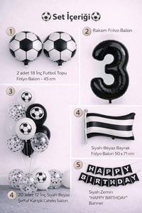 Siyah Beyaz Futbol Temalı 3 Yaş Doğum Günü Balon Seti