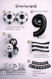 Siyah Beyaz Futbol Temalı 9 Yaş Doğum Günü Balon Seti