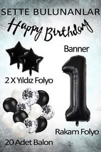 Siyah Konsept 1 Yaş Doğum Günü Kutlama Seti; Beyaz Siyah Konfetili Balon, Rakam Yıldız Folyo ve Banner