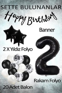 Siyah Konsept 2 Yaş Doğum Günü Kutlama Seti; Beyaz Siyah Konfetili Balon, Rakam Yıldız Folyo ve Banner