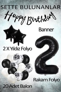 Siyah Konsept 2 Yaş Doğum Günü Kutlama Seti; Beyaz Siyah Konfetili Balon, Rakam Yıldız Folyo ve Banner