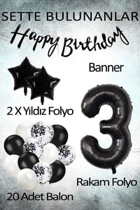 Siyah Konsept 3 Yaş Doğum Günü Kutlama Seti; Beyaz Siyah Konfetili Balon, Rakam Yıldız Folyo ve Banner