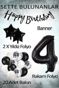 Siyah Konsept 4 Yaş Doğum Günü Kutlama Seti; Beyaz Siyah Konfetili Balon, Rakam Yıldız Folyo ve Banner