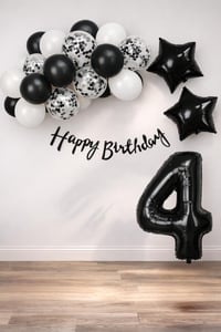 Siyah Konsept 4 Yaş Doğum Günü Kutlama Seti; Beyaz Siyah Konfetili Balon, Rakam Yıldız Folyo ve Banner