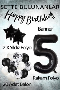 Siyah Konsept 5 Yaş Doğum Günü Kutlama Seti; Beyaz Siyah Konfetili Balon, Rakam Yıldız Folyo ve Banner