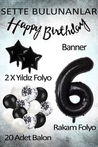 Siyah Konsept 6 Yaş Doğum Günü Kutlama Seti; Beyaz Siyah Konfetili Balon, Rakam Yıldız Folyo ve Banner