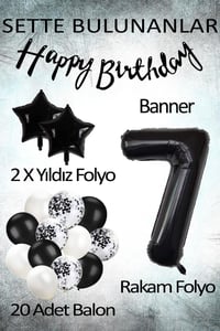 Siyah Konsept 7 Yaş Doğum Günü Kutlama Seti; Beyaz Siyah Konfetili Balon, Rakam Yıldız Folyo ve Banner