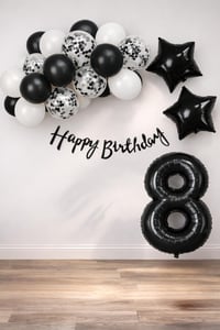 Siyah Konsept 8 Yaş Doğum Günü Kutlama Seti; Beyaz Siyah Konfetili Balon, Rakam Yıldız Folyo ve Banner