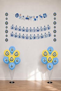 Sünnet Kutlama Seti 3Lü Banner, 20 Adet Sarı- Mavi Nazar Boncuğu Baskılı Balon ve 2 Adet Balon Standı