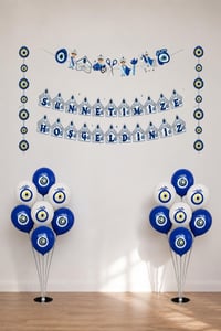 Sünnet Kutlama Seti 3Lü Banner, 20 Adet Nazar Boncuğu Baskılı Balon ve 2 Adet Balon Standı