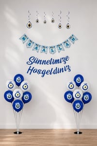 Sünnetimize Hoşgeldiniz  Banner, Maşallah Banner, Nazar Boncuğu Tavan Süs ve  2 Balon Standı Ve 20 Adet Mavi-Beyaz Balon