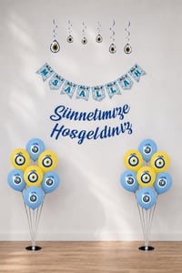 Sünnetimize Hoşgeldiniz ve Maşallah Banner, Tavan Süs ve  2 Balon Standı Ve 20 Sarı Mavi  Balon