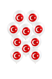 Türk Bayrağı Baskılı Beyaz Lateks Balon 10'lu Set – 12 İnç Milli Bayram Parti Balonu