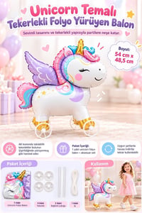 Unicorn Temalı Folyo Yürüyen Balon – Tekerlekli Sevimli Unicorn Balon 54x48,5 cm