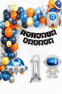 Uzay Temalı Doğum Günü Seti 1 Yaş; 4 Adet Folyo, 60 Lateks Balon, Banner, Balon Zinciri, Balon Bandı