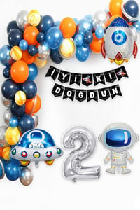 Uzay Temalı Doğum Günü Seti 2 Yaş; 4 Adet Folyo, 60 Lateks Balon, Banner, Balon Zinciri, Balon Bandı