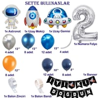 Uzay Temalı Doğum Günü Seti 2 Yaş; 4 Adet Folyo, 60 Lateks Balon, Banner, Balon Zinciri, Balon Bandı