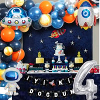 Uzay Temalı Doğum Günü Seti 4 Yaş; 4 Adet Folyo, 60 Lateks Balon, Banner, Balon Zinciri, Balon Bandı