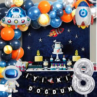 Uzay Temalı Doğum Günü Seti 8 Yaş; 4 Adet Folyo, 60 Lateks Balon, Banner, Balon Zinciri, Balon Bandı