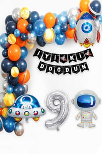 Uzay Temalı Doğum Günü Seti 9 Yaş; 4 Adet Folyo, 60 Lateks Balon, Banner, Balon Zinciri, Balon Bandı