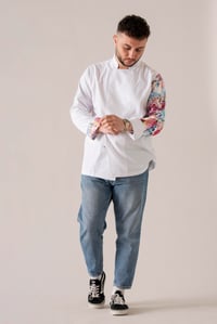 C-19 FLOWERY SKULL - Çiçek ve Kuru Kafa Desenli Tasarım Beyaz Şef Ceketi 