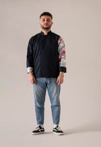C-19 FLOWERY SKULL - Çiçek ve Kuru Kafa Desenli Lacivert Tasarım Şef Ceketi 