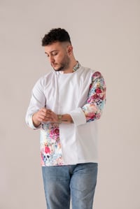 C-24 FLOWERY SKULL - Çiçek ve Kuru Kafa Desenli Beyaz Şef Ceketi 