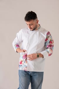 C-24 FLOWERY SKULL - Çiçek ve Kuru Kafa Desenli Beyaz Şef Ceketi 