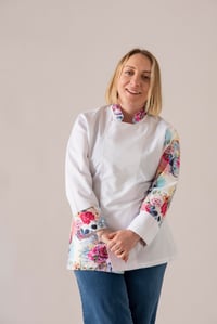 C-24 FLOWERY SKULL - Çiçek ve Kuru Kafa Desenli Beyaz Şef Ceketi  Kadın