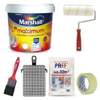6 Parça Boya Seti Marshall Maximum Silikonlu İpek Mat Silinebilir İç Cephe Boyası Izgarası + 32m² Hışır + Maskeleme Bandı 5 Cm