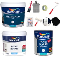 Marshall Silikonlu Mat Silinebilir İç Cephe Boyası 15Lt + Tavan Boyası 10Kg + Marshall Panel Kapı Boyası Su Bazlı Beyaz 2,5 Lt  Boyama Seti