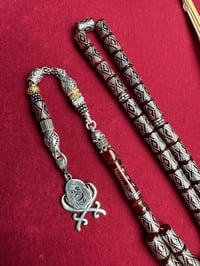 Kesme Model Gümüş İşlemeli Ateş Kehribar Tesbih