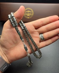 Mavi Renk Kesme Model Gümüş İşlemeli Ateş Kehribar Tesbih