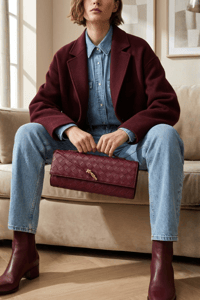 Bordo Örgü Derili Portföy Clutch Çanta